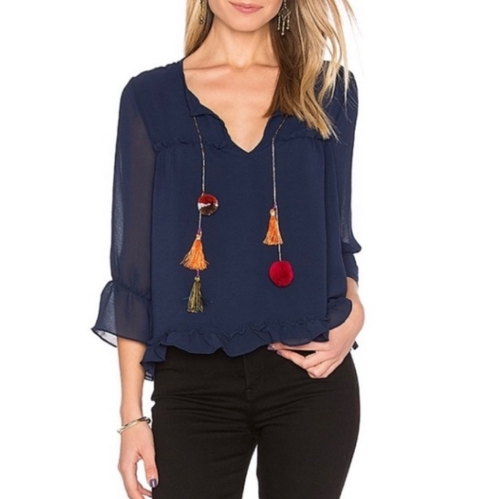 Misa Los Angeles Aleks Tassel-Trim Boho Chic Ruffle Top Size M